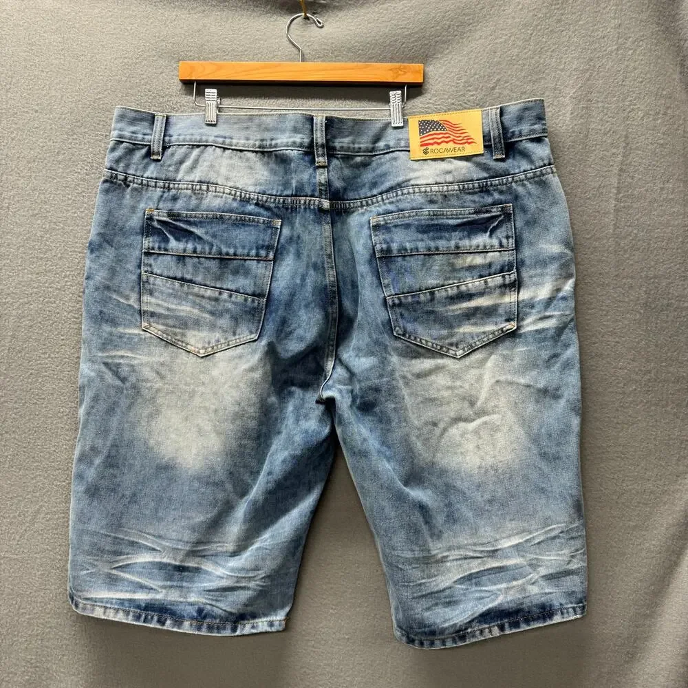 Rocawear Jean Shorts Baggy Fit USA‎ Flag Faded Wash Y2K Mens 50 (50x14 ACTUAL)